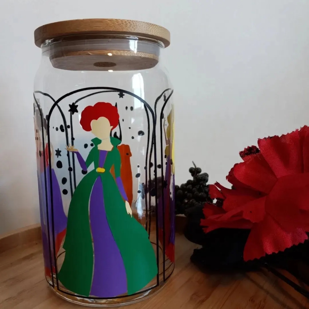 Hocus Pocus Sanderson sister glass cup with bamboo lid and acrylic straw